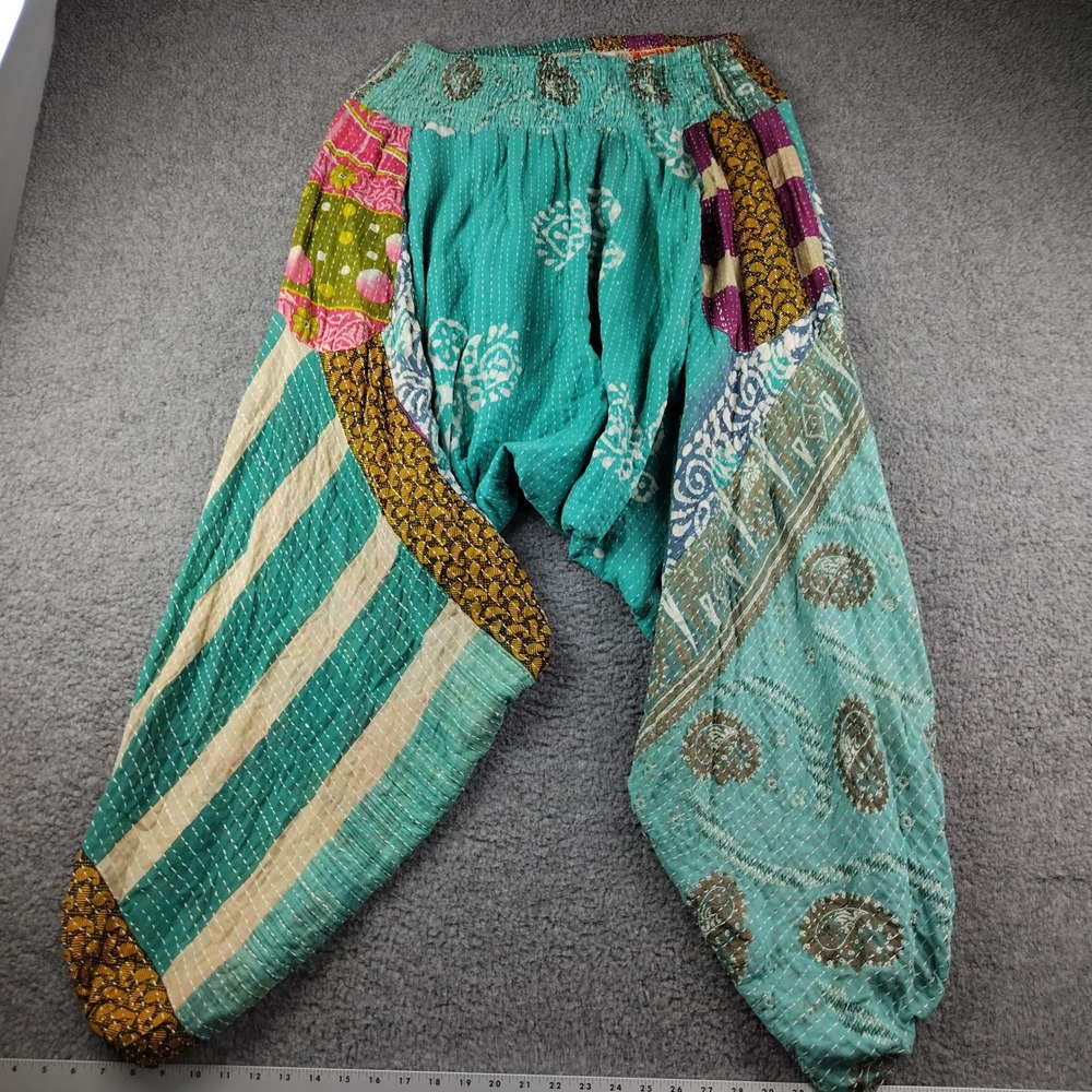 Kantha Bae Harem Pants Sz Free Size Patchwork Kantha Stitch Teal Slouchy Boho